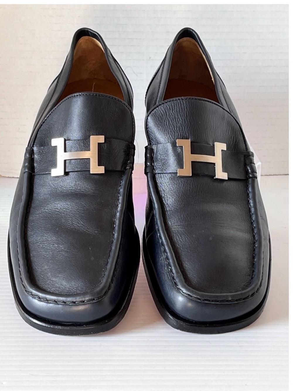 Hermes Black Leather H-Buckle Slip-On Loafers